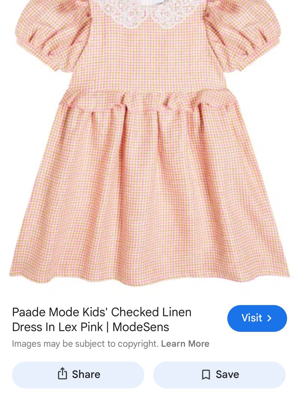 Girls Pink and Cream Gingham Lace-Collar Formal Dress